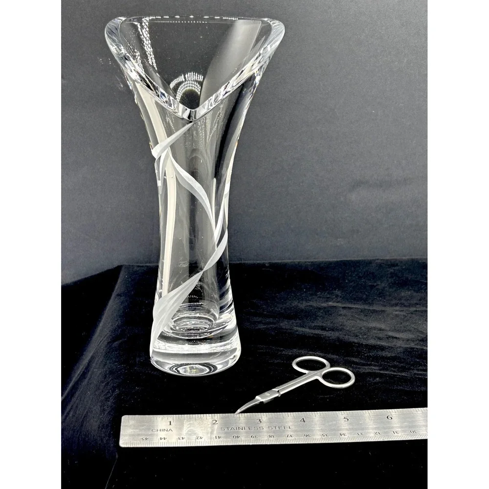 Clear Crystal Flared Vase Frosted Ribbon Etched Tri-Corner Rim 8.5 inch